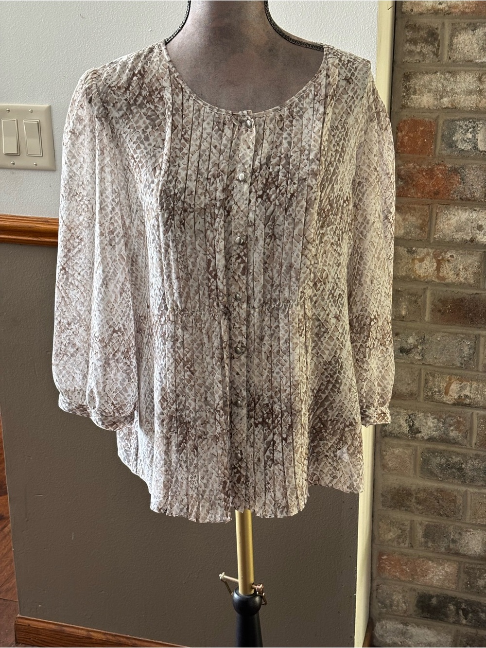 Talbots Cream and Brown Pleated Button-Front Blouse